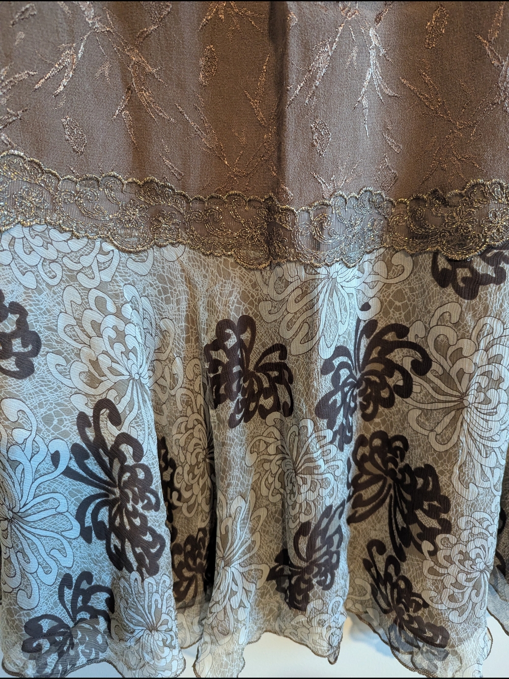 Violet Kay Vintage Fairy Chocolate Brown Floral Silk Lace Trim Midi Skirt L - Picture 5 of 6